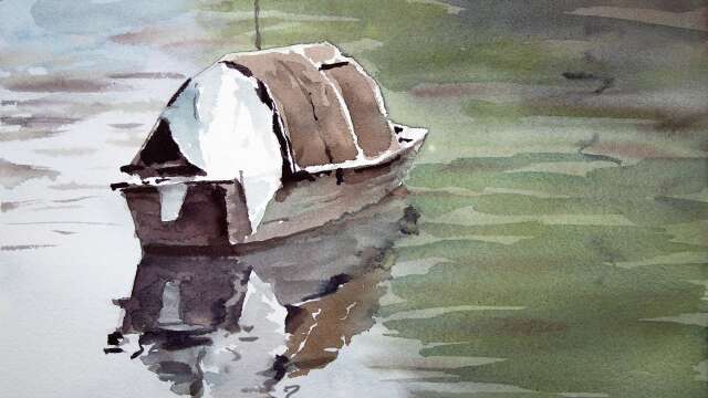 Watercolor painting a wooden boat